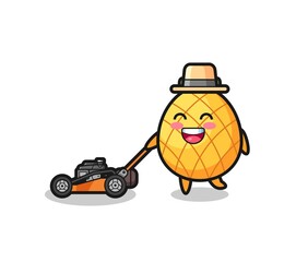 illustration of the pineapple character using lawn mower