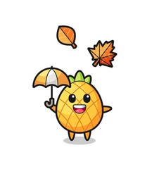 cartoon of the cute pineapple holding an umbrella in autumn