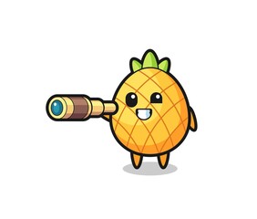 cute pineapple character is holding an old telescope