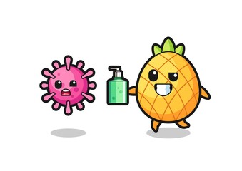 illustration of pineapple character chasing evil virus with hand sanitizer