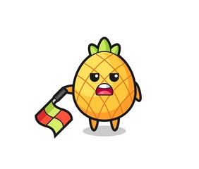 pineapple character as line judge hold the flag down at a 45 degree angle