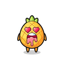 the falling in love expression of a cute pineapple with heart shaped eyes