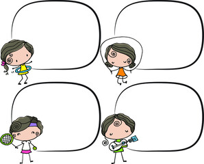 play Guitar, tennis, hula hoop, skipping rope, skateboarding, cheerleading, dancing, soccer girl cartoon series music rainbow border frame card circle frame