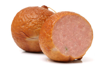 cooked boiled ham sausage on white background