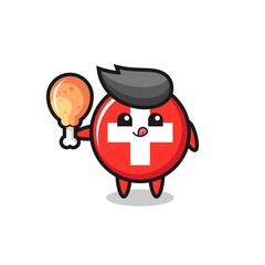 Obraz premium switzerland flag badge cute mascot is eating a fried chicken