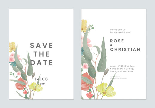 Floral wedding invitation card template design, various flowers and leaves bouquet on white