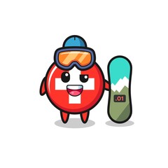 Fototapeta premium Illustration of switzerland flag badge character with snowboarding style
