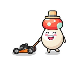illustration of the mushroom character using lawn mower
