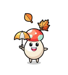 cartoon of the cute mushroom holding an umbrella in autumn