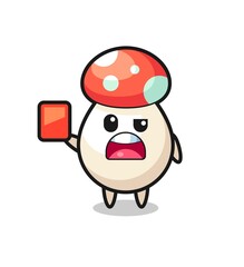 mushroom cute mascot as referee giving a red card