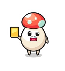 cartoon mushroom character as a football referee giving a yellow card