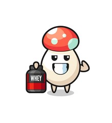 the muscular mushroom character is holding a protein supplement