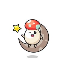 illustration of mushroom cartoon sitting on the half moon
