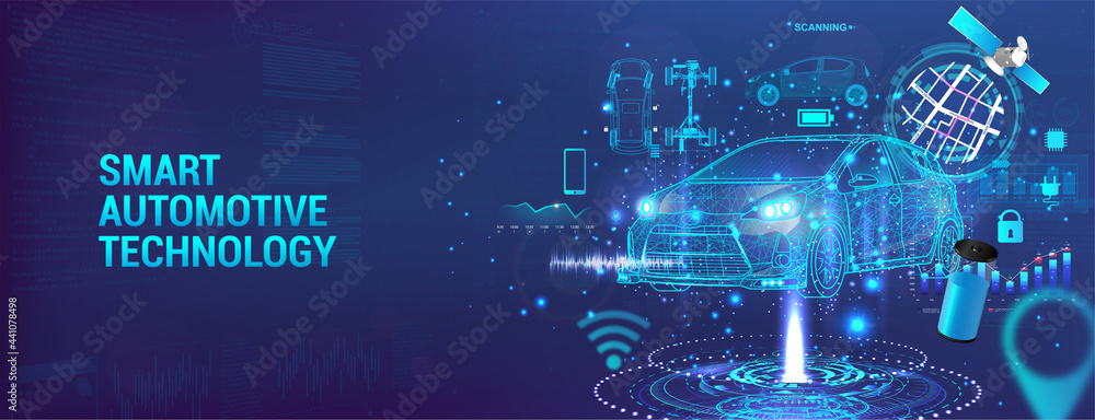 Poster Hologram car and smart automotive technology in futuristic style with UI, HUD elements. Smart vehicles intelligent system concept. Electric 3D low-poly auto with AI system. IOT autonomous car. Vector