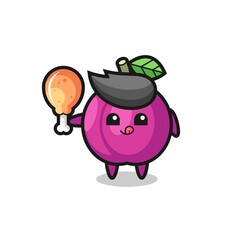 Obraz premium plum fruit cute mascot is eating a fried chicken