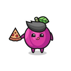 cute plum fruit cartoon eating pizza