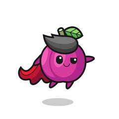 cute plum fruit superhero character is flying