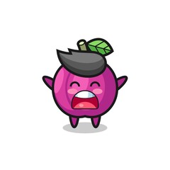 cute plum fruit mascot with a yawn expression