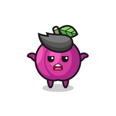 plum fruit mascot character saying I do not know