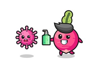 illustration of radish character chasing evil virus with hand sanitizer