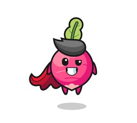 the cute radish character as a flying superhero