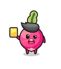 cartoon radish character as a football referee giving a yellow card