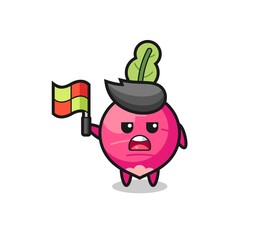 radish character as line judge putting the flag up