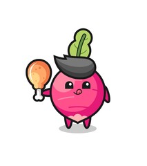 radish cute mascot is eating a fried chicken