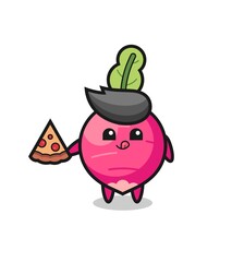 cute radish cartoon eating pizza
