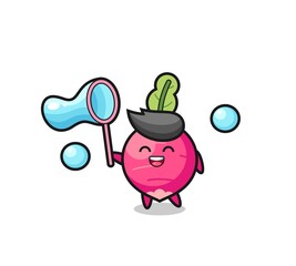 happy radish cartoon playing soap bubble