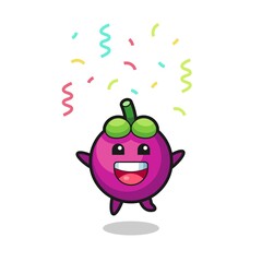 happy mangosteen mascot jumping for congratulation with colour confetti