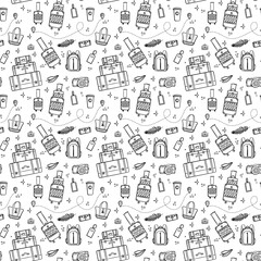 Travel and vacation seamless pattern with travel elements. Seamless pattern for design, posters, backgrounds vacation and trip theme. Suitcase, bag and tag in line style.
