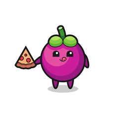 cute mangosteen cartoon eating pizza