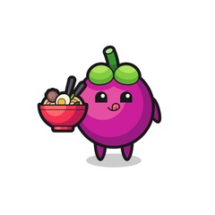 cute mangosteen character eating noodles