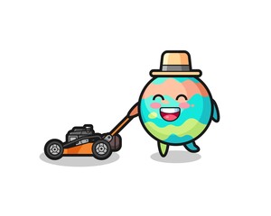 illustration of the bath bombs character using lawn mower