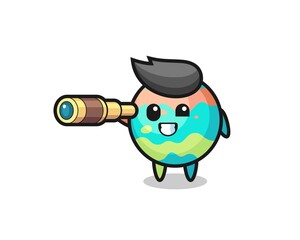 Fototapeta premium cute bath bombs character is holding an old telescope
