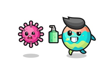 illustration of bath bombs character chasing evil virus with hand sanitizer
