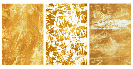 Set of abstract vector hand drawn golden textures. Brush painted  design templates  for posters, cards, textile, wallpaper, wedding invitation,banners,brochure, placards,  flayers 