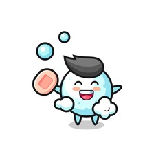 snow ball character is bathing while holding soap