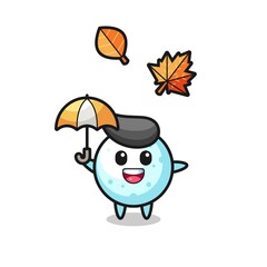 cartoon of the cute snow ball holding an umbrella in autumn