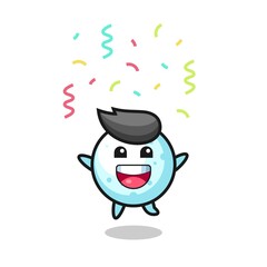 happy snow ball mascot jumping for congratulation with colour confetti