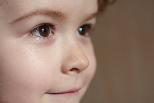 Caucasian Child Profile Portrait Close Up. Kids Face.