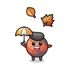 cartoon of the cute mars holding an umbrella in autumn