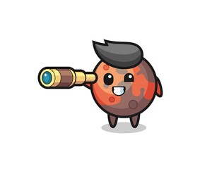 cute mars character is holding an old telescope