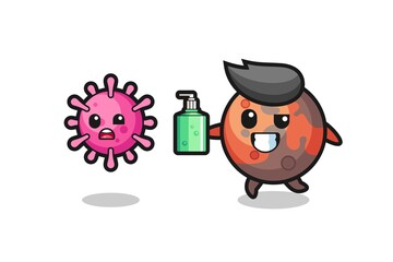 illustration of mars character chasing evil virus with hand sanitizer