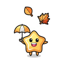 cartoon of the cute star holding an umbrella in autumn