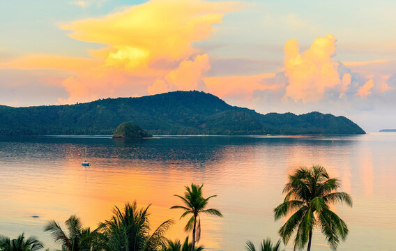 Beautiful sunrise view of Cha Long bay aerial view from Khao Khad at Phuket province southern of Thailand