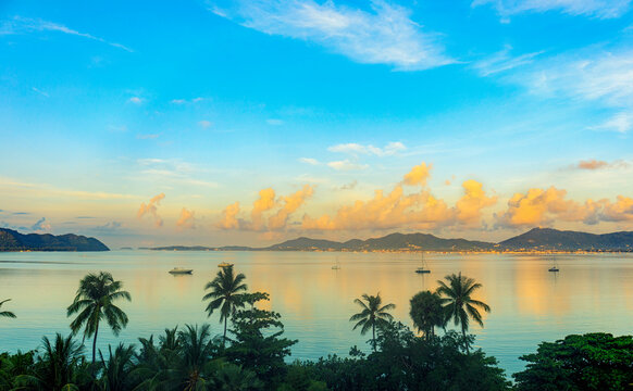 Beautiful sunrise view of Cha Long bay aerial view from Khao Khad at Phuket province southern of Thailand