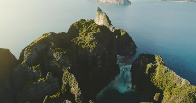 Aerial panorama Phi Phi island mountain. Travel destination perfect summer vacation. Beautiful wild landscape. Exotic summer holiday open border. Cinematic drone flight, camera turn 180 panoramic shot