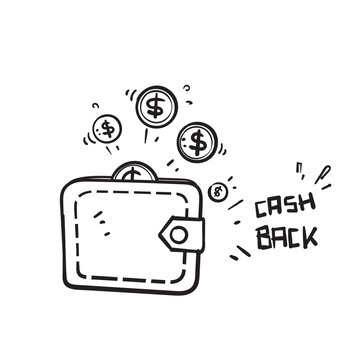 hand drawn doodle wallet and money symbol for cash bask illustration icon